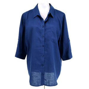 Chicos Top 3.5 Plus Size XL 18 Navy Blue Linen Non Iron Blouse Roll Tab Sleeves